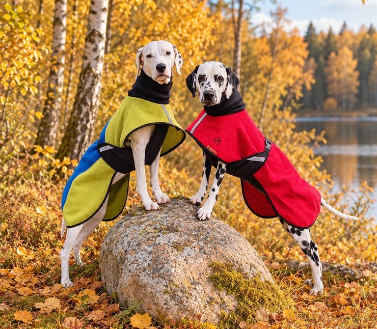 Kaksi dalmatialaista HelsiTar-villamantteleissa syksyisen järven rannalla
